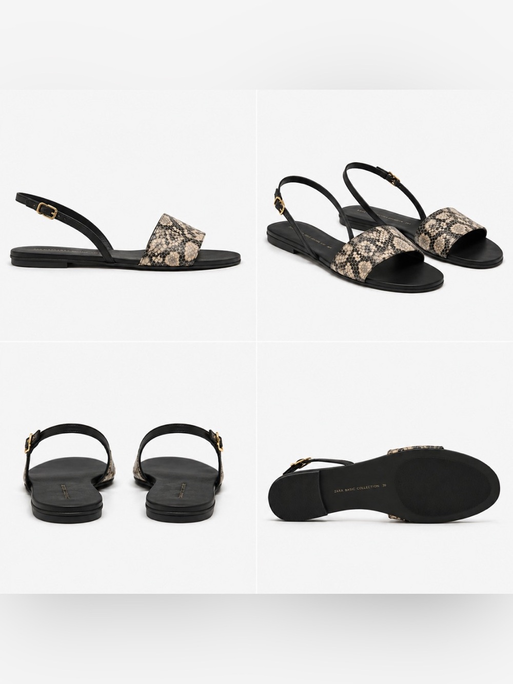 Zara Black & Beige Snake-Print Slingback Flat Sandal - Picture 2 of 2